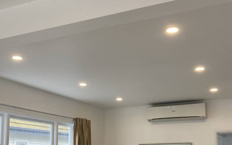 Recessed LED downlights installed in a Christchurch living room by Easy Electrical – clean, modern lighting upgrade