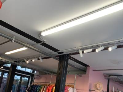 High-efficiency LED shop lights with an industrial finish installed in a Christchurch store by Easy Electrical