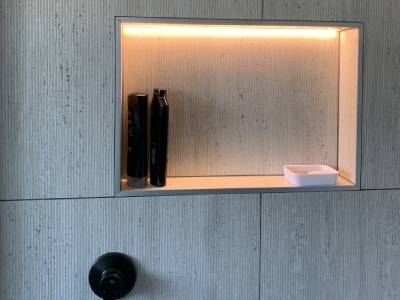 LED-lit shower recess installed by Easy Electrical in a Christchurch bathroom – clean finish with practical lighting