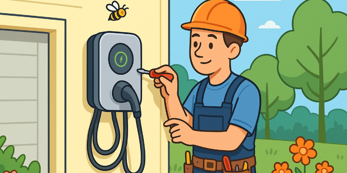 Cartoon-style illustration of an electrician installing an EV charger on the wall of a yellow garage, surrounded by green trees, orange flowers, and a bee flying nearby under a bright blue sky.