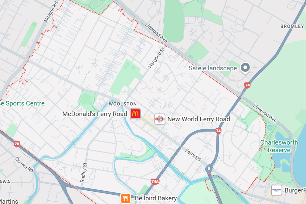 Easy Electrical service area map showing Woolston and surrounding Christchurch suburbs