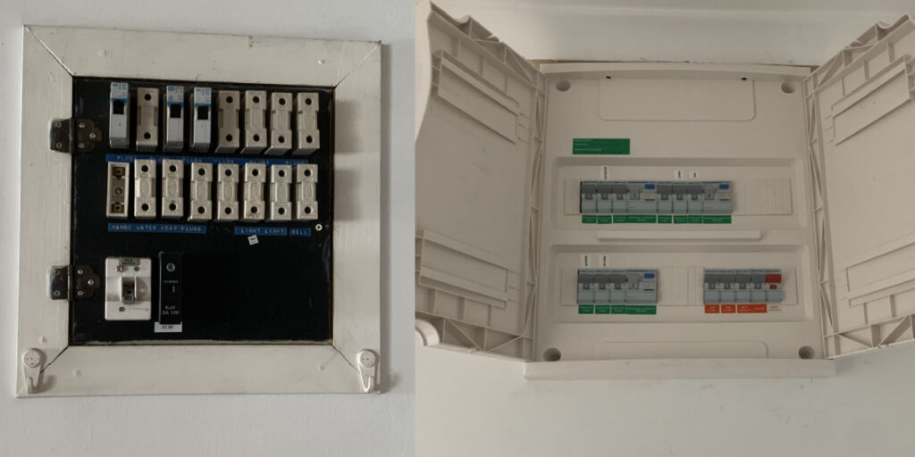 Old fuse board compared with a modern switchboard in a Christchurch home